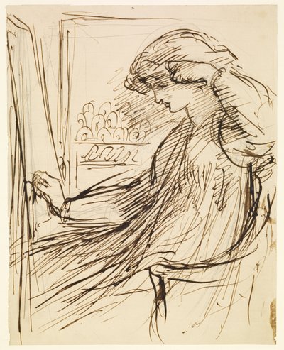 Mulher sentada num bastidor ou cavalete para bordar de Dante Gabriel Rossetti