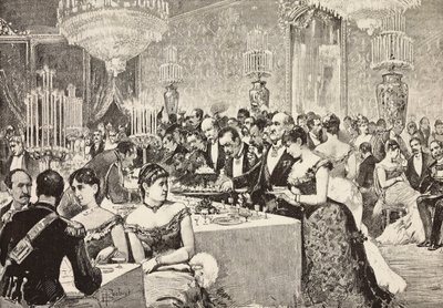 Sala de buffet, baile da corte no Quirinale, Roma, Itália, gravura a partir de desenho de Dante Paolocci, de L