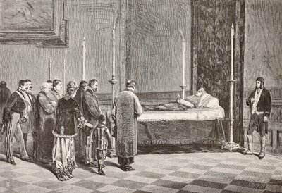 O corpo do Cardeal Giacomo Antonelli deitado numa das salas do Vaticano, gravura a partir de um desenho de Dante Paolocci de L