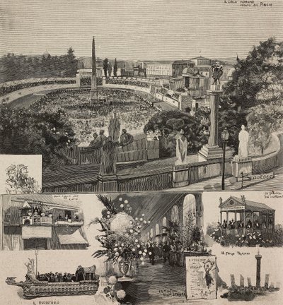 Festa de Carnaval na Piazza del Popolo vista da colina Pincio, Roma, Itália, gravura após desenho de Dante Paolocci, de L