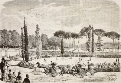 Corridas de bigas na Villa Borghese, Roma, Itália, gravura a partir de desenho de Dante Paolocci, de L