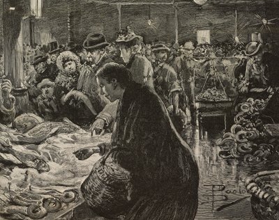Mercado de Natal em Roma, Itália, gravura após desenho de Dante Paolocci, de L