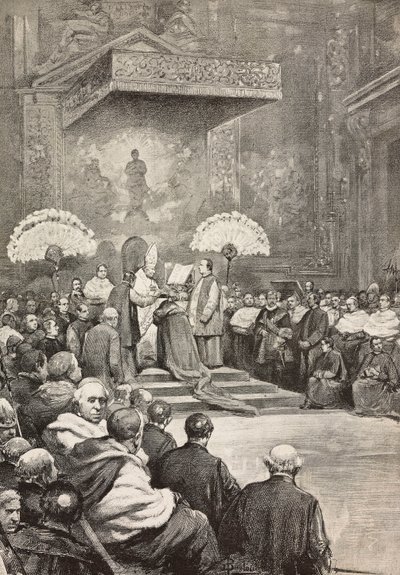 Consistório de 13 de novembro, Papa Leão XIII, onde criou novos cardeais, Vaticano, gravura a partir de desenho de Dante Paolocci, de L