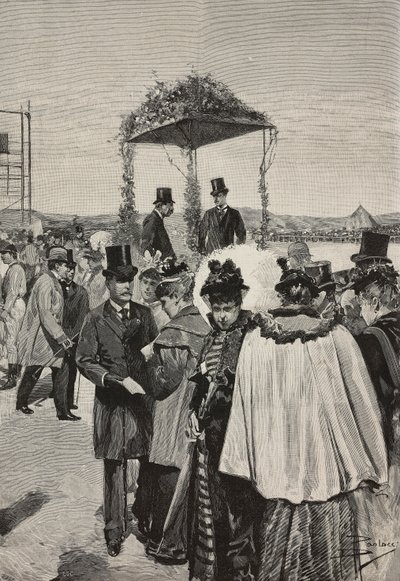 Conde de Turim Vittorio Emanuele de Saboia-Aosta nas corridas de Tor di Quinto, Roma, Itália, gravura após desenho de Dante Paolocci, de L