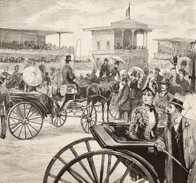 Homens e mulheres elegantes assistem a uma corrida de cavalos no hipódromo, Roma, Itália, gravura a partir de um desenho de Dante Paolocci, de L