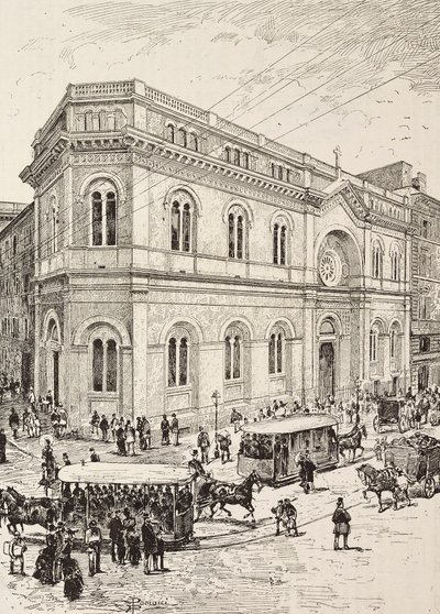 Igreja evangélica na Via Nazionale, Roma, Itália, gravura a partir de desenho de Dante Paolocci, de L