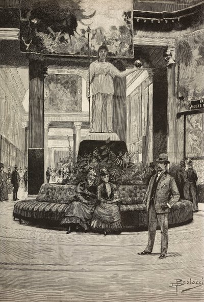 Exposição de tecidos e rendas, Galeria Rotonda e Tecidos, Roma, Itália, gravura a partir de desenho de Dante Paolocci, de L