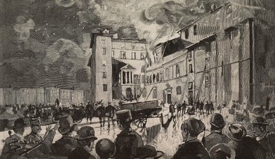 Incêndio das escolas israelitas de 1893, Roma, Itália, gravura após desenho de Dante Paolocci, de L
