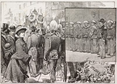 Funeral do Almirante Luigi Buglione di Monale (1821-1884), Roma, Itália, gravura a partir de desenho de Dante Paolocci, de L