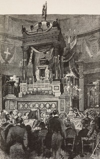Políticos e oficiais italianos na cerimónia fúnebre de Victor Emmanuel II (1820-1878), Rei de Itália, Roma, Itália, gravura a partir de desenho de Dante Paolocci, de L