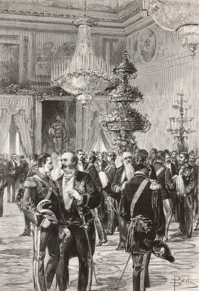Políticos e oficiais italianos celebrando a véspera de Ano Novo no Palácio do Quirinal, Roma, Itália, gravura de Centenari a partir de desenho de Dante Paolocci, de L