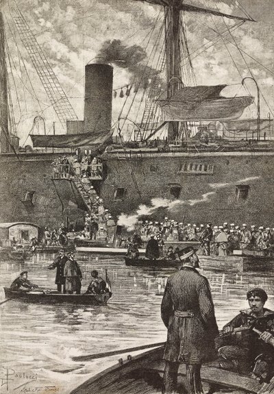 Soldados italianos a bordo do navio de guerra Principe Amedeo, expedição italiana no Mar Vermelho, Nápoles, Itália, gravura a partir de desenho de Dante Paolocci, de L