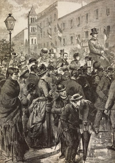 O Rei Umberto I e a Rainha Margherita regressam da sua visita a Nápoles atingida pela cólera, Roma, Itália, gravura a partir de desenho de Dante Paolocci, de L