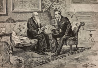 Rei Umberto I de Saboia (1844-1900) e Presidente do Conselho Agostino de Pretis (1813-1887), gravura a partir de desenho de Dante Paolocci, de L