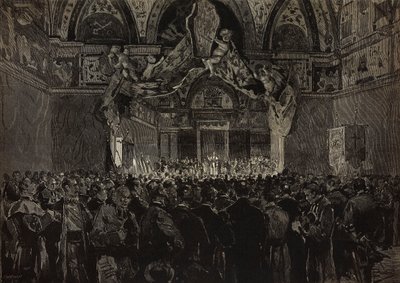 Leão XIII recebe peregrinos franceses na Sala Ducal, Jubileu Papal, Vaticano, gravura a partir de desenho de Dante Paolocci, de L
