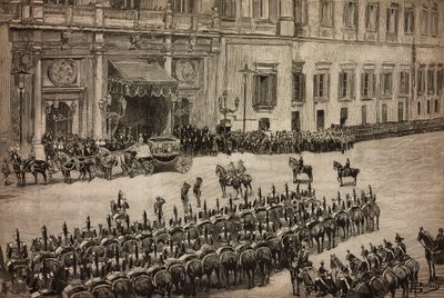 Abertura do Parlamento, chegada do Rei Umberto I a Montecitorio, Roma, Itália, gravura a partir de desenho de Dante Paolocci, L