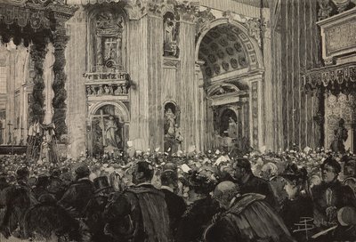 Bênção papal por ocasião do Jubileu Episcopal de Leão XIII, Basílica de São Pedro, Vaticano, gravura após desenho de Dante Paolocci, de L