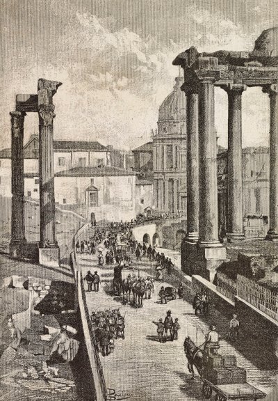 Passagem pelo Fórum, Roma, Itália, gravura a partir de desenho de Dante Paolocci, de L
