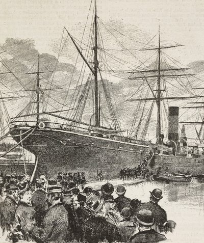 Pessoas a assistir ao embarque dos Bersaglieri, corpo do exército italiano, no navio Gottardo, expedição italiana no Mar Vermelho, gravura a partir de desenho de Dante Paolocci, de L
