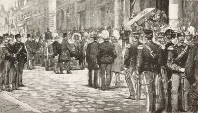Políticos e oficiais no cortejo fúnebre de Luigi Mezzacapo (1814-1885), político e oficial italiano, Roma, Itália, gravura a partir de desenho de Dante Paolocci, de L