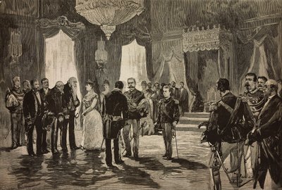 Príncipe de Nápoles, Alfonso Maria Giuseppe Alberto de Bourbon-Duas Sicílias, em uniforme de subtenente, na receção de Ano Novo em Quirinal, Itália, gravura a partir de desenho de Dante Paolocci, de L
