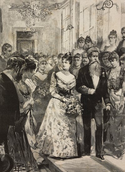A rainha Margherita de Saboia na festa do Clube Artístico (Circolo Artistico) de Roma, acompanhada pelo escultor Giulio Monteverde, Itália, gravura após desenho de Dante Paolocci, de L