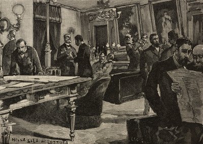 Sala de leitura no Palazzo Montecitorio, Roma, Itália, gravura após desenho de Dante Paolocci, de L
