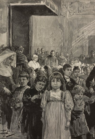 Receção de crianças nas celebrações do jubileu do Papa Leão XIII, Vaticano, gravura após desenho de Dante Paolocci, de L