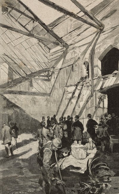 Restos do Teatro Israelita após o incêndio de 1893, Roma, Itália, gravura após desenho de Dante Paolocci, de L