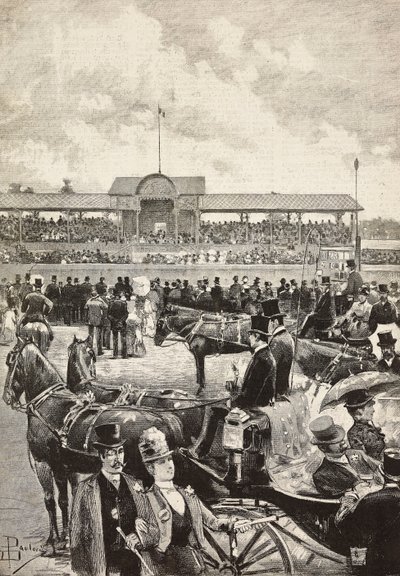 A tribuna, corrida de cavalos em Turim, Itália, gravura a partir de desenho de Dante Paolocci, de L