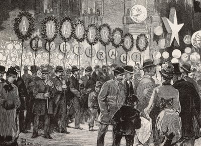 Acendimento de tochas em honra do Rei Umberto I na noite de 1 de dezembro, Roma, Itália, gravura a partir de desenho de Dante Paolocci, de L