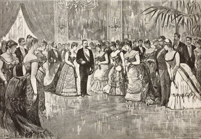 Umberto I (1844-1900), rei de Itália, e a sua mulher Margherita de Saboia (1851-1926) num baile no Palácio do Quirinal, Roma, Itália, gravura a partir de um desenho de Dante Paolocci, de L