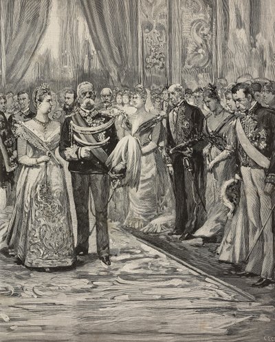 Umberto I e Margherita de Saboia num concerto por ocasião das suas bodas de prata, Palazzo del Quirinale, Roma, Itália, gravura após desenho de Dante Paolocci, de L
