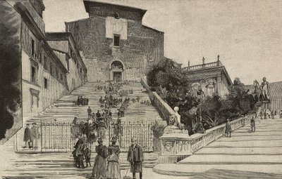 Vista da Basílica de Santa Maria in Aracoeli, Roma, Itália, gravura após desenho de Dante Paolocci, de L