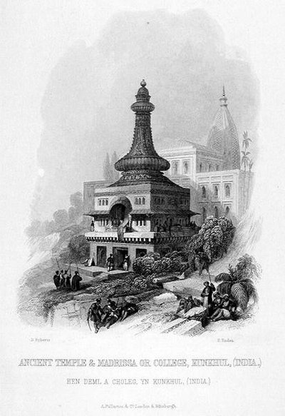 Ancient Temple & Madrissa ou College, Kunkhul, Índia, gravado por E. Finden, de 