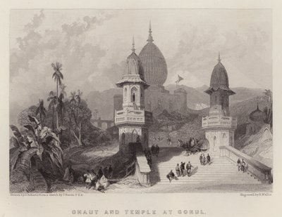 Ghaut e Templo em Gokul (cor litho) de David (after) Roberts