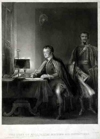 O Duque de Wellington Escrevendo seus despachos, gravado por William Greatbach (b.1802) (gravura) de David (after) Wilkie
