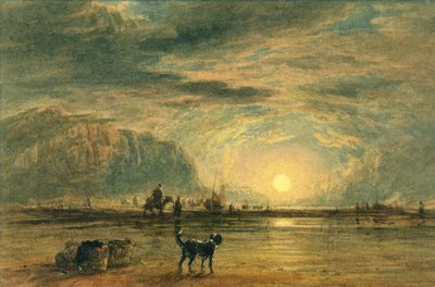 Beach Scene - Sunrise, c.1820 (aquarela e caneta sobre grafite no papel) de David (attr. to) Cox