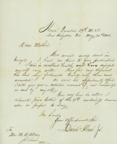 Carta assinada por David Allan Jr., Head Quarters 29th M.V.I., perto de Kingston, Ga., à sua mãe Sra. M.A. Allan, St. Louis, Mo., 20 de Maio de 1864 de David Allan