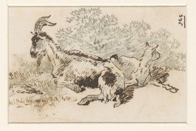 Cabra e cabrito numa paisagem de David Alphonse de Sandoz Rollin