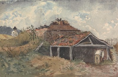 Paisagem com duas figuras ao lado de um edifício antigo de David Charles Read