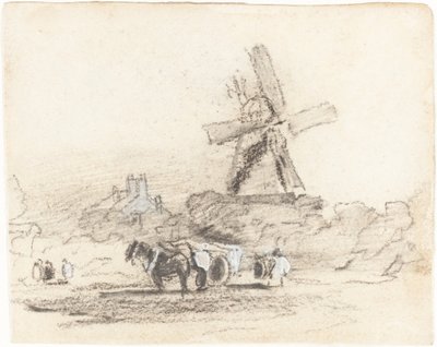 Um carrinho com dois cavalos perto de um moinho de vento de David Cox