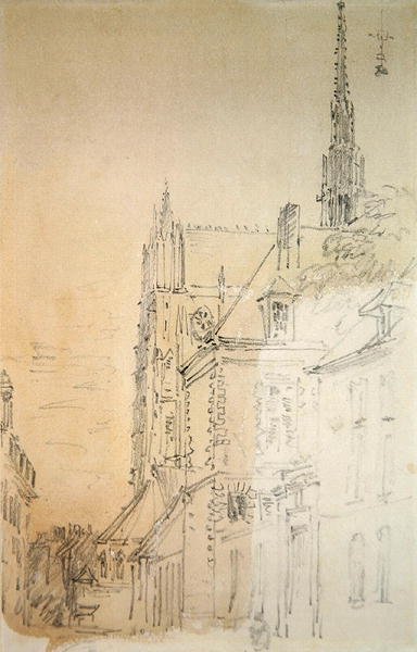 Uma Catedral em uma rua (giz e lavagem em papel) de David Cox