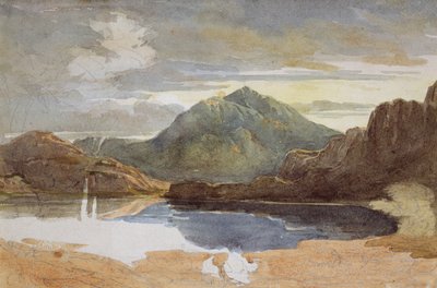 Um lago em North Wales, Snowdon na distância (wc no papel) de David Cox