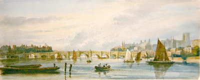 Uma Vista da Ponte de Westminster olhando para oeste em direcção ao Palácio Lambeth e à Abadia de Westminster (lápis e aguarela sobre papel) de David Cox