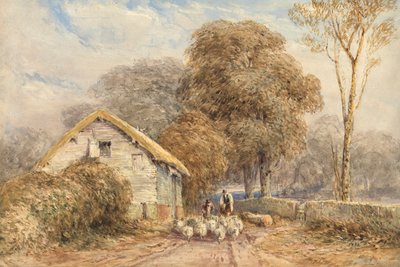 Um viajante a cavalo, com um pastor e as suas ovelhas, junto a um celeiro, numa estrada rural de David Cox