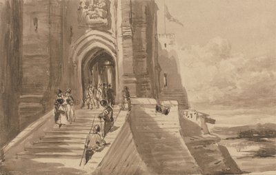 Figuras na escadaria exterior de um castelo de David Cox
