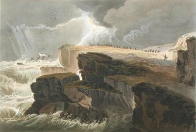 Prato do Livro 10 Tempestade, Vista da Costa de Hastings de um Tratado sobre Pintura de Paisagens gravadas por Richard Reeve (n.1780), 1813-14 (aquatinta colorido à mão) de David Cox