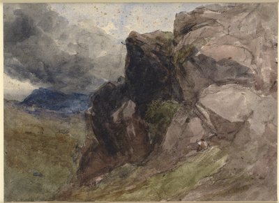 Paisagem rochosa no País de Gales com desenho de figura em primeiro plano à direita de David Cox d.Æ.