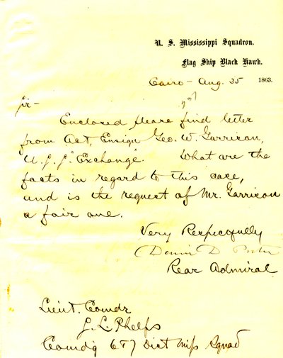 Carta de David D. Porter, U. S. S. Black Hawk, Cairo, Illinois, para Seth Ledyard Phelps, 25 de Agosto de 1863 de David D. Porter